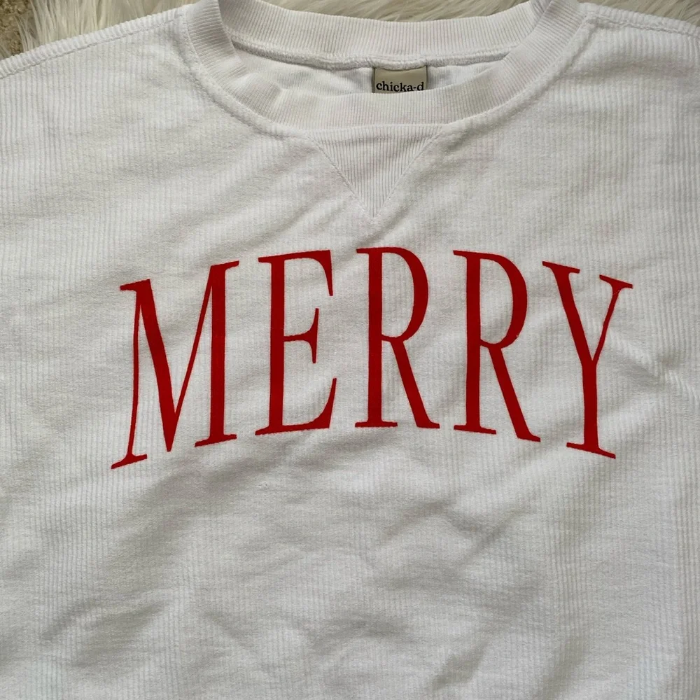 {Pink Lily} MERRY VARSITY WHITE CROPPED CORDED GRAPHIC SWEATSHIRT - Women’s - Picture 4 of 6